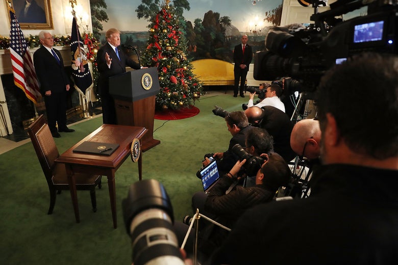 WASHINGTON, DC - DECEMBER 06: U.S. President Donald Trump announces that the U.S. government will formally recognize Jerusalem as the capital of Israel with Vice President Mike Pence (L) in the Diplomatic Reception Room at the White House December 6, 2017 in Washington, DC. In keeping with a campaign promise, Trump said the United States will move its embassy from Tel Aviv to Jerusalem sometime in the next few years. No other country has its embassy in Jerusalem. (Photo by Chip Somodevilla/Getty Images)